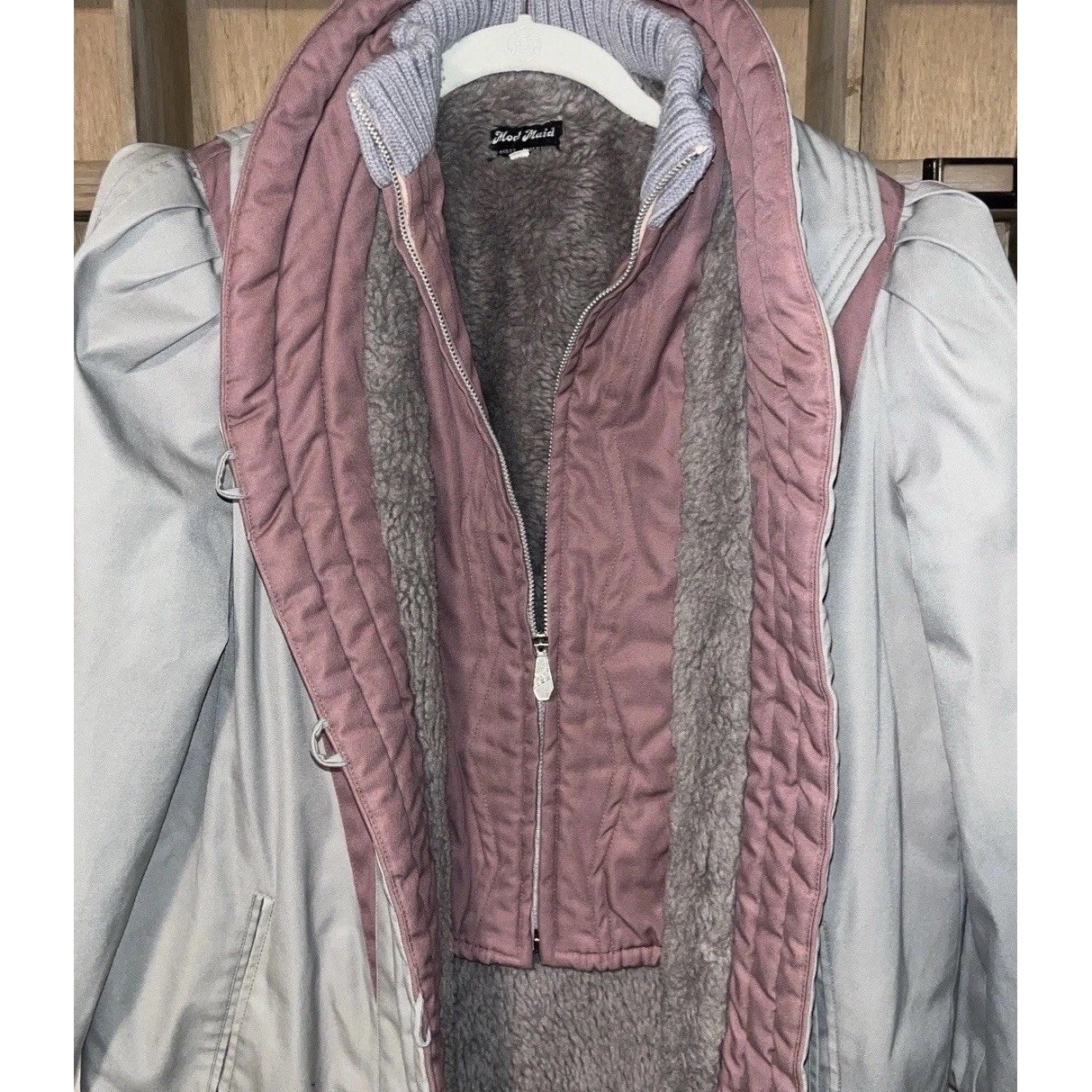 Vintage 80s Mod Maid Coat Women's M Fleece Lined Mauve Gray Oversized Layered